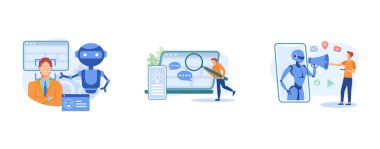 Etkileşimli aygıt. Duygusal hesaplama, kişileştirme tasarımı, sosyal medyada yapay zeka. Düz vektör modern illüstrasyonunu ayarla