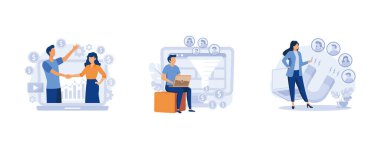 CRM yönetim kurulu başkanı. Müşteri ilişkileri yönetimi, dönüşüm oranı optimizasyonu, yeni ipuçları, satış verileri. Düz vektör modern illüstrasyonunu ayarla