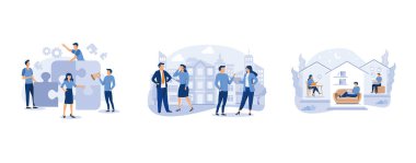 Mutlu aile, beyin fırtınası, takım çalışması iş konsepti, ofis çalışanları bilgi üzerinde çalışıyorlar, düz vektör modern illüstrasyonunu ayarlıyorlar.