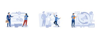 İnternet tanıtım stratejisi. Ortak pazarlama, sevk programı, yeniden pazarlama, çevrimiçi satış yönetimi, hedefli reklamcılık. Düz vektör modern illüstrasyonunu ayarla