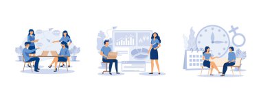 İşçiler müzakere masasında oturuyorlar, ofis çalışanları bilgi üzerinde çalışıyorlar, adet döngüsünü ve yumurtlamasını izlemek için uygulama, yassı vektör modern illüstrasyonunu ayarlıyorlar.