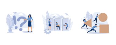 Sık sık ünlem işaretleri ve soru işaretleriyle ilgili sorular sorardı. Çalışanlarla çevrimiçi görüşmeler, iş adamı küreyi itiyor ve gruba karşı yarışa öncülük ediyordu. Diğer pek şanslı olmayan adam kutuları itiyor, düz vektör modern illüstrasyonunu ayarlıyordu.