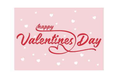 Sevgililer Günü kaligrafisi ile Sevgililer Günü şablonu ve arka planda beyaz kalp, düz vektör modern illüstrasyon