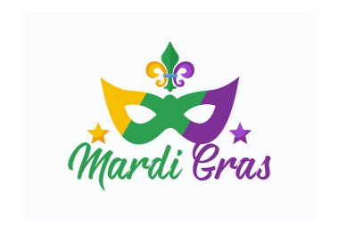 Mardi Gras mor ve yeşil metin maskeli ve fleurs-de-lis. Amerikan New Orleans Şişko Salı posteri, tebrik kartı. Sidney Mardi Gras geçit töreni. Karnaval harfleri, düz vektör modern illüstrasyon