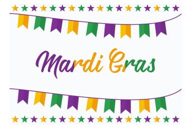 Mardi Gras arka planında konfeti yıldızları, düz vektör modern illüstrasyon