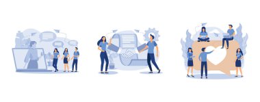 Sosyal ağ, tokalaşma, internet üzerinden iletişim, düz vektör modern illüstrasyonunu ayarla