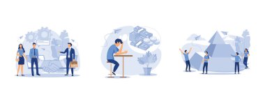 İnsanlar piramidin elementlerini birbirine bağlar, finansal sorunlar, iş tokalaşması, düz vektör modern illüstrasyonunu ayarlar