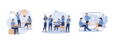 Şirkette birlikte çalışıyoruz, arkadaşlarımızı arıyoruz, çalışanlar müzakere masasında oturuyorlar, düz vektör modern illüstrasyonunu kuruyorlar.