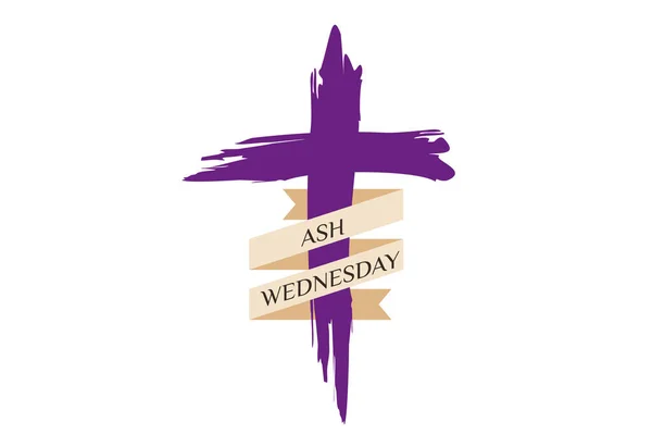 Poster Traditional Ash Cross Drawing Purple Ribbon Biblical Words Scroll — Wektor stockowy