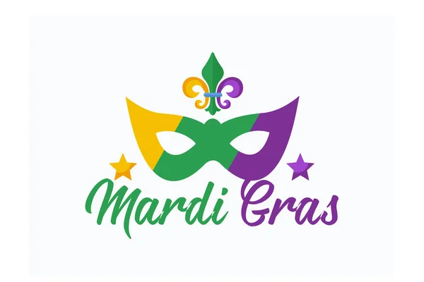 stock vector Mardi Gras purple and green text with masquerade mask and fleurs-de-lis. American New Orleans Fat Tuesday poster, greeting card. Sidney Mardi Gras parade. Carnival lettering, flat vector modern illustration