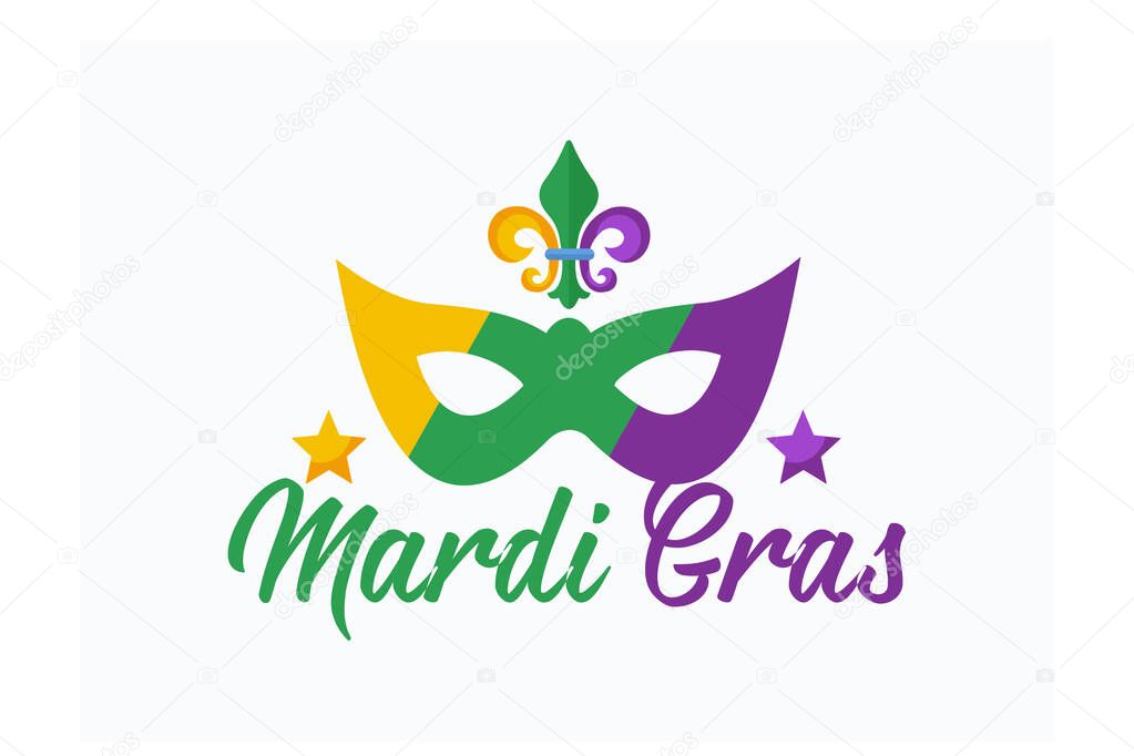 Mardi Gras purple and green text with masquerade mask and fleurs-de-lis. American New Orleans Fat Tuesday poster, greeting card. Sidney Mardi Gras parade. Carnival lettering, flat vector modern illustration