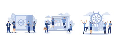 Kapalı banka kasası anahtarla açılıyor, bilgisayardaki istatistiksel verilerin analizi, yaratıcı bir ekipteki liderlik nitelikleri, yassı vektör modern illüstrasyonunu ayarlayın.