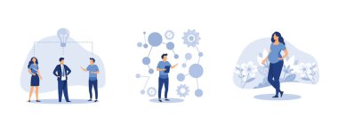 Takım çalışması, bilim adamı laboratuvar çalışmaları yapar ve sonuçların istatistiksel verilerini inceler. Çiçeklerin etrafında bebek bekleyen hamile bir kadın, düz vektör modern illüstrasyonunu ayarlar.