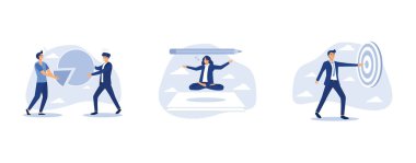 Daha fazla satış kavramı, yazar ilhamı, iş hedefine odaklanma, düz vektör modern illüstrasyonunu belirleme mücadelesi veya mücadelesi