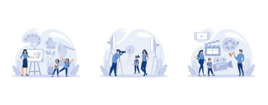 Okul dersi ya da eğitim sınıfı seti. Sosyal ve doğa bilimi okuyan bir öğrenci. Modern okul eğitim sistemi, düz vektör modern illüstrasyonunu ayarla