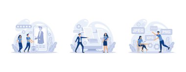 Bilişim uzmanlığı ayarlandı. Programcı yazılım yazar ve bilgisayar için kod oluşturur. Proje ve uygulama için kodlama betiği, düz vektör modern illüstrasyonunu ayarla