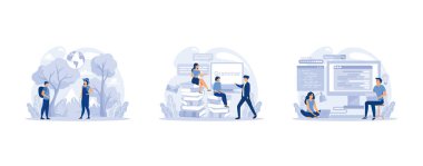 Büyük bir okul ya da eğitim sınıfı seti. Sosyal ve doğa bilimi okuyan bir öğrenci. Modern okul eğitim sistemi, düz vektör modern illüstrasyonunu ayarla