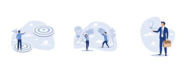 Meydan okuma başarısı veya daha yüksek hedef, iş adamı ve kadın ampulü dolar işaretine bağlar, çözümler hakkında düşünür, düz vektör modern illüstrasyonunu ayarlar