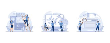 Bilişim uzmanlığı ayarlandı. Programcı yazılım yazar ve bilgisayar için kod oluşturur. Proje ve uygulama için kodlama betiği, düz vektör modern illüstrasyonunu ayarla