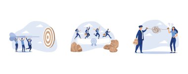 Hedefe ulaşmak için takım çalışması, iş adamı ve kadın eğitim diploması üzerinde yürür boşluğu geçmek için köprü gibi, yanlış anlaşılma, işte karışıklık yaratır, düz vektör modern illüstrasyonunu ayarlar