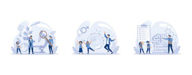 Okul dersi ya da eğitim sınıfı seti. Sosyal ve doğa bilimi okuyan bir öğrenci. Modern okul eğitim sistemi, düz vektör modern illüstrasyonunu ayarla