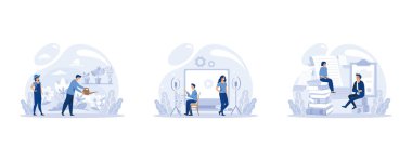 Bilişim uzmanlığı ayarlandı. Programcı yazılım yazar ve bilgisayar için kod oluşturur. Proje ve uygulama için kodlama betiği, düz vektör modern illüstrasyonunu ayarla