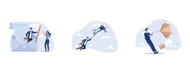 Çevrimiçi istihdam teknolojisi veya elektronik sözleşme imzalama, birlikte başarı kavramına yardımcı olmak için destek ve güvenilir, bozuk şemsiyeyi güçlü rüzgar fırtınasında tutan sinirli iş adamı, düz vektör modern illüstrasyonunu ayarladı