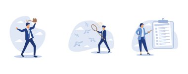 Gelişme zihniyeti, akıllı iş adamı kelebek ağıyla uçan ampulleri takip edip yakalıyor, kontrol kutusunu kontrol eden kadın not defteri kağıdı, yassı vektör modern illüstrasyon