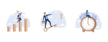 Başarı ya da iş başarısı, iş hedefine ulaşmak için gizli yaratıcılığın kilidini açmak, yogada veya saat yüzünde meditasyon yaparken dizüstü bilgisayarla çalışan genç bayan, düz vektör modern illüstrasyonunu ayarla