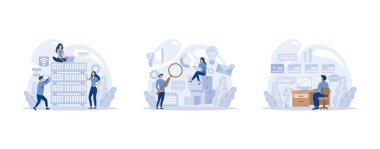 Bilişim uzmanlığı ayarlandı. Programcı yazılım yazar ve bilgisayar için kod oluşturur. Proje ve uygulama için kodlama betiği, düz vektör modern illüstrasyonunu ayarla