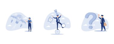 iş sorunları kavramına çözüm bulmak veya cevap bulmak için araştırma ve liderlik becerisi, yassı vektör modern illüstrasyonunu belirlemek için, başarı, iş hayatı dengesi veya kontrol proje zamanı ve program konsepti, araştırma ve liderlik becerisi