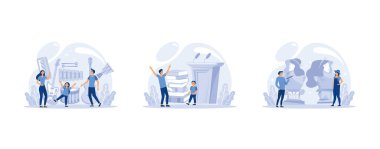 Büyük bir okul ya da eğitim sınıfı seti. Sosyal ve doğa bilimi okuyan bir öğrenci. Modern okul eğitim sistemi, düz vektör modern illüstrasyonunu ayarla