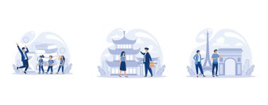 Büyük bir okul ya da eğitim sınıfı seti. Sosyal ve doğa bilimi okuyan bir öğrenci. Modern okul eğitim sistemi, düz vektör modern illüstrasyonunu ayarla