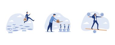 Zeki iş adamı, iş başarısı elde etmek için birçok engeli aşar. İş adamı, büyüyen saksıda büyüyen yetenekli personeli sular. Gülümseme ve üzgün yüz ifadesini dengelemek için elini kullanan düşünceli sakin kadın.