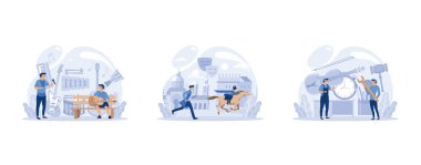 Bilişim uzmanlığı ayarlandı. Programcı yazılım yazar ve bilgisayar için kod oluşturur. Proje ve uygulama için kodlama betiği, düz vektör modern illüstrasyonunu ayarla