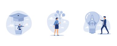 Eğitim ya da bilgi büyüme kariyer yolu, duygu ve ifade kavramına, işadamı şirket sahibi ampul fikrinin içinde yenilikçi roket ile duruyor, düz vektör modern illüstrasyonunu ayarlıyor