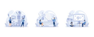 Bilişim uzmanlığı ayarlandı. Programcı yazılım yazar ve bilgisayar için kod oluşturur. Proje ve uygulama için kodlama betiği, düz vektör modern illüstrasyonunu ayarla