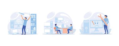 Sistem yönetimleri, bilgisayar laboratuvarı ve sorun giderme, dijital teknoloji bakımı. Sysadmins sunucu raflarına servis yapıyor, sistem çökmesiyle ilgili sorunları toplantıda tartışıyor, düz vektör modern illüstrasyonunu ayarlıyor