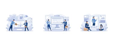 Finansal analist ya da danışman çevrimiçi hizmet ya da platform seti. Finansal operasyon yapan bir iş adamı. Çevrimiçi öğretim, danışma, uygulama, web sitesi, düz vektör modern illüstrasyonunu ayarla