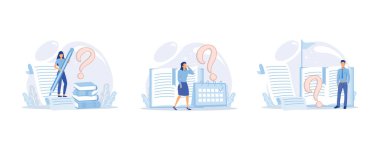 SSS. Sıkça Sorulan Sorular. Teknik destek işçileri. Kadınlar büyük bir soru işaretinin yanında duruyor, yassı vektör modern illüstrasyonunu ayarlıyorlar