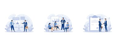 İş görüşmeleri web pankartı ya da iniş sayfası ayarlandı. İş planlama ve geliştirme. Gelecekteki iş ortaklığı, beyin fırtınası ya da takım çalışması. Düz vektör modern illüstrasyonunu ayarla