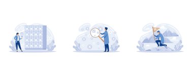 Hedeflere ulaşmak. Doğru çözümleri bulmak. Fikir yönetimi afişleri hazır. Hedefe ulaşmanın başarılı bir yolu. Hırs işi. Hedefin yol haritası. Zafere olan arzu, düz vektör modern illüstrasyonunu ayarlayın.