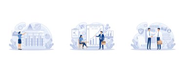 Piyasa analizi, finansal danışman, müşteri ilişkileri müdürlüğü meslek seti. Adam belgeleri analiz eder, düz vektör modern illüstrasyonunu ayarlar