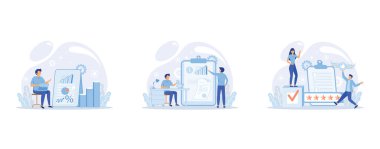 Piyasa istatistik analizi, finansal danışman, müşteri ilişkileri yönetimi iş temaları, yatırım parası, müşteri yönetimi planlaması. Mali danışmanlık, düz vektör modern illüstrasyonunu ayarla