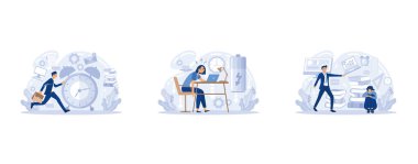 Stresli karakterler iş yükü, son teslim tarihi. Yorgun çalışanlar işlerinden dolayı sıkıntıda. İş yorgunluğu ve stres konsepti. Yüksek çalışan insanlar, duygusal bozukluk metaforu olan işkolikler, yassı vektör modern illüstrasyonunu ayarlayın