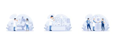 Tıbbi araştırma, laboratuvar teşhis hizmetleri, tıbbi cihaz tasarımı ve geliştirme vektörü seti. Biyolojik teknoloji ve bilim, kimya mühendisliği, laboratuvar ekipmanları, düz vektör modern illüstrasyonunu ayarlayın