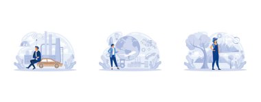 Doğa biyolojik çeşitliliğini doğa belirledi, iklim değişikliği farkındalığı ekolojik oldu. İklim hareketi, ormanlaşma ve geri dönüşüm farkındalığı hayvan neslinin tükenmesini, çevre korumasını, yassı vektör modern illüstrasyonunu ayarlar