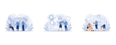 Üst sınıflar metaforları önemser. Emekliler, emekliler, yaşlılar için sağlık hizmetleri. Yaşlı insanlar hizmetleri destekliyor. Çocuk yuvası, düz vektör modern illüstrasyonunu ayarla