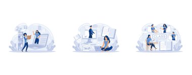 E-öğrenme afişleri hazır. Çevrimiçi eğitim, evde eğitim, çevrimiçi dersler, eğitim ve dersler. Web öğretim konsepti. Eğitim vlog 'u, düz vektör modern illüstrasyonunu ayarla