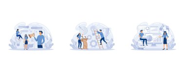 Trend gözlemcisi web pankartı ya da iniş sayfası seti. Yeni iş eğilimlerinin ortaya çıkışını izleme uzmanı. Trend analizi ve proje tanıtımı, düz vektör modern illüstrasyonunu ayarlayın